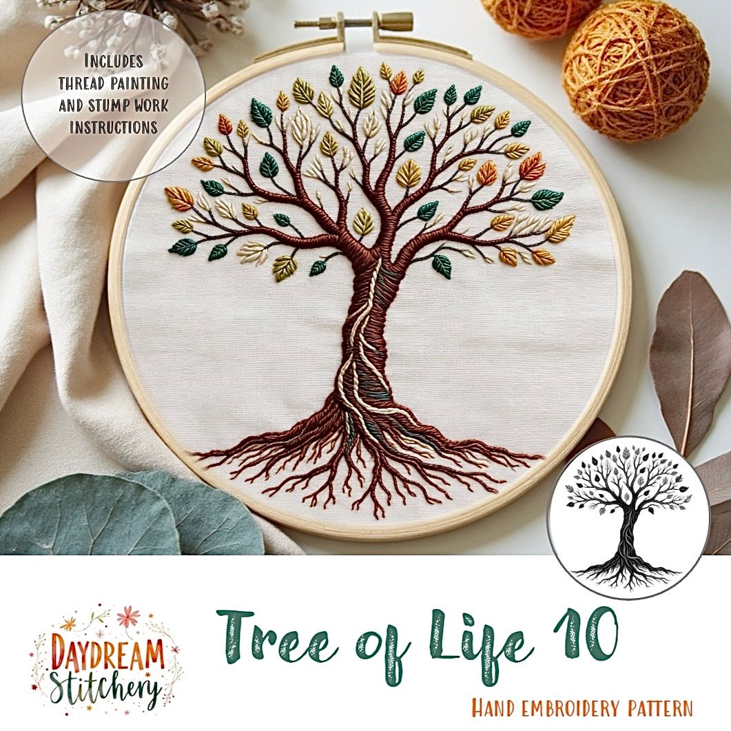 A vibrant hand-embroidered Tree of Life with colourful leaves and detailed roots fills the hoop. Surrounded by yarn balls and leaves, it's labelled "Tree of Life 10: Hand embroidery pattern" from Daydream Stitchery.