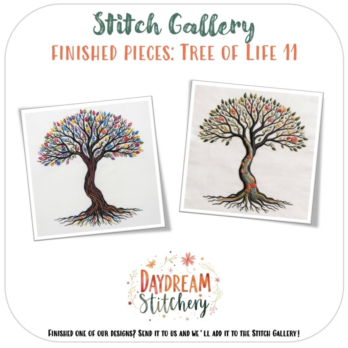 Two vibrant Tree of Life designs with detailed roots appear, showcasing the Tree of Life 11: Hand embroidery pattern. The Daydream Stitchery logo is visible at the bottom, emphasising this finished piece.