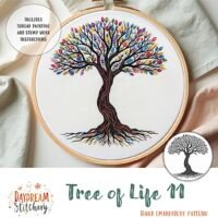 A vibrant embroidered Tree of Life with multicoloured leaves is shown in a wooden hoop. Text reads “Tree of Life 11: Hand embroidery pattern” and notes that instructions are included.