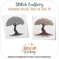 Two embroidered Tree of Life designs with colourful leaves, made from the Tree of Life 11: Hand embroidery pattern, are shown side by side above "Daydream Stitchery." The heading says: Stitch Gallery Finished pieces: Tree of Life 11.