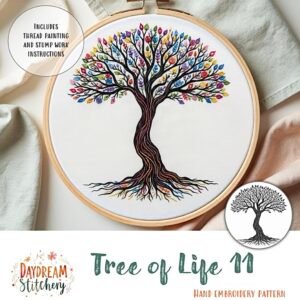 A vibrant embroidered Tree of Life with multicoloured leaves is shown in a wooden hoop. Text reads “Tree of Life 11: Hand embroidery pattern” and notes that instructions are included.
