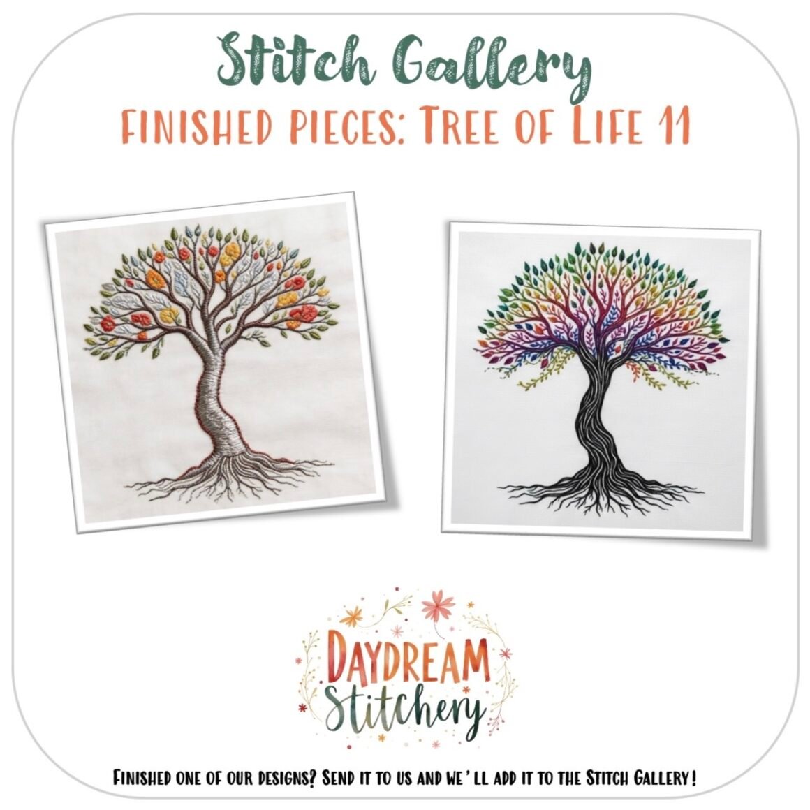 The image shows two Tree of Life 11: Hand embroidery patterns, each featuring colourful leaves and intricate roots on a white background. The labels Stitch Gallery and Daydream Stitchery are also visible.
