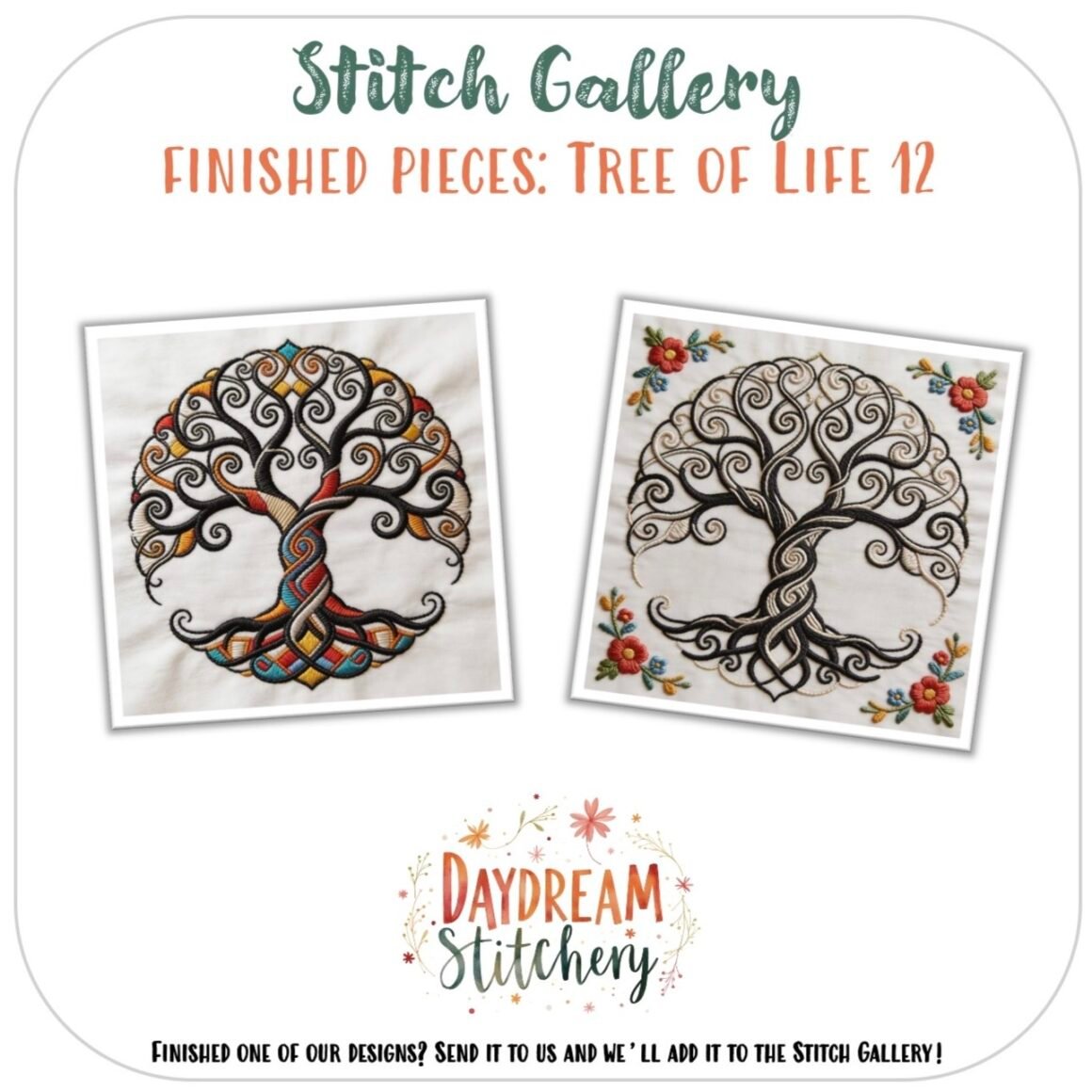 Two embroidered “Tree of Life 12: Hand embroidery pattern” designs appear side by side—one with colourful roots, the other framed by floral accents—each showcasing a stylised tree with swirling branches. Text reads: Stitch Gallery: Tree of Life 12.