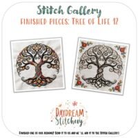 Two embroidered “Tree of Life 12: Hand embroidery pattern” designs appear side by side—one with colourful roots, the other framed by floral accents—each showcasing a stylised tree with swirling branches. Text reads: Stitch Gallery: Tree of Life 12.