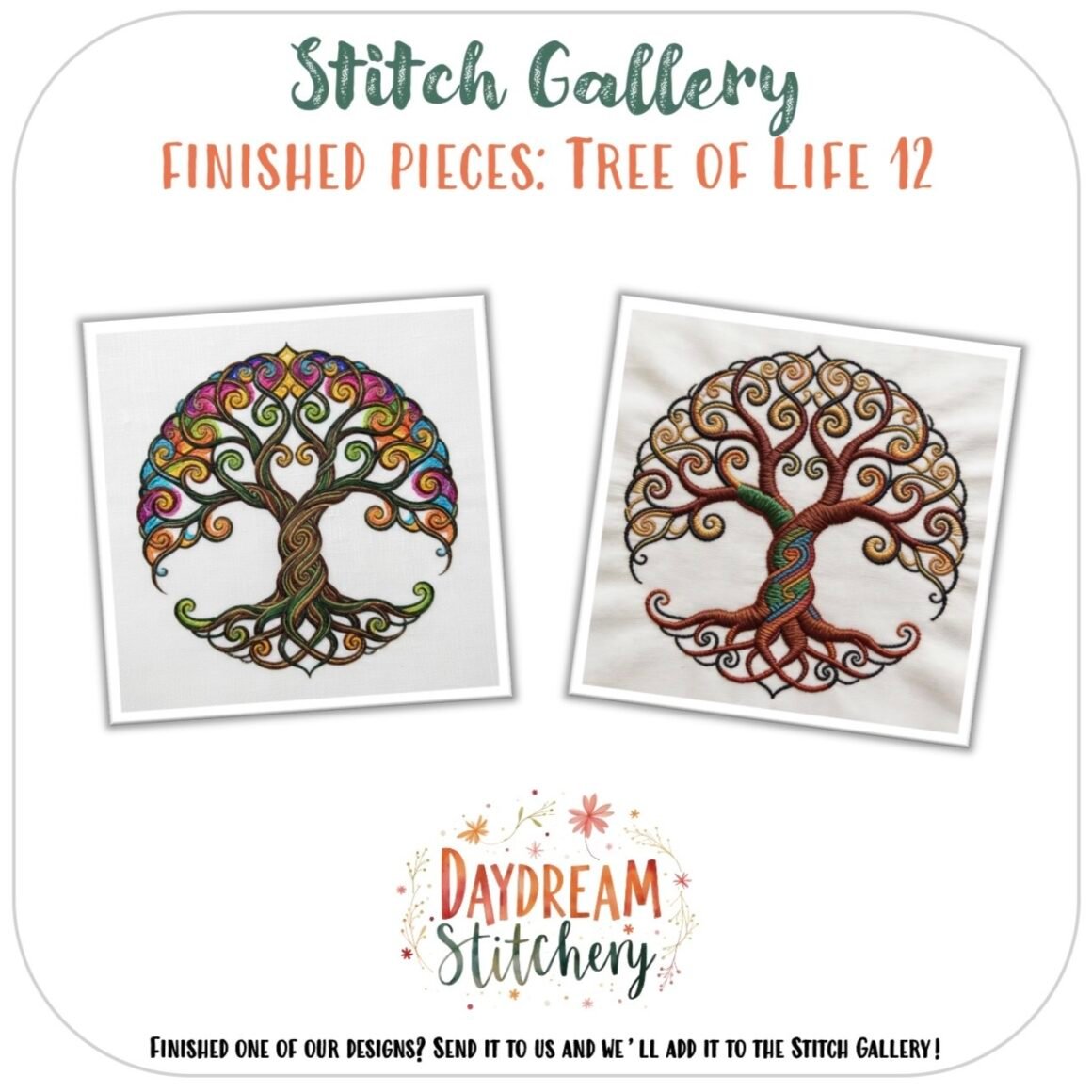 Two embroidered Tree of Life designs with colourful, swirling roots and branches are shown. Text reads: Stitch Gallery: Finished Pieces—Tree of Life 12: Hand embroidery pattern by Daydream Stitchery.