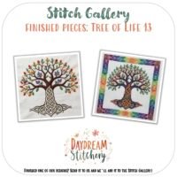 Two finished "Tree of Life 13: Hand embroidery pattern" cross-stitch pieces are shown—one with a simple background, the other with a geometric border. Both feature colourful leaves and Celtic roots. Text reads: Stitch Gallery: Finished Pieces.