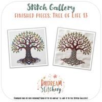 Tree of Life 13: Hand embroidery pattern by Daydream Stitchery is shown twice—one design in purple and blue tones, the other in red and green—with interwoven Celtic knot roots side by side.