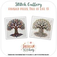 Two completed Tree of Life 13: Hand embroidery pattern designs are shown side by side, with detailed roots and branches. "Stitch Gallery: Finished Pieces: Tree of Life 13" appears above, and the Daydream Stitchery logo is below.