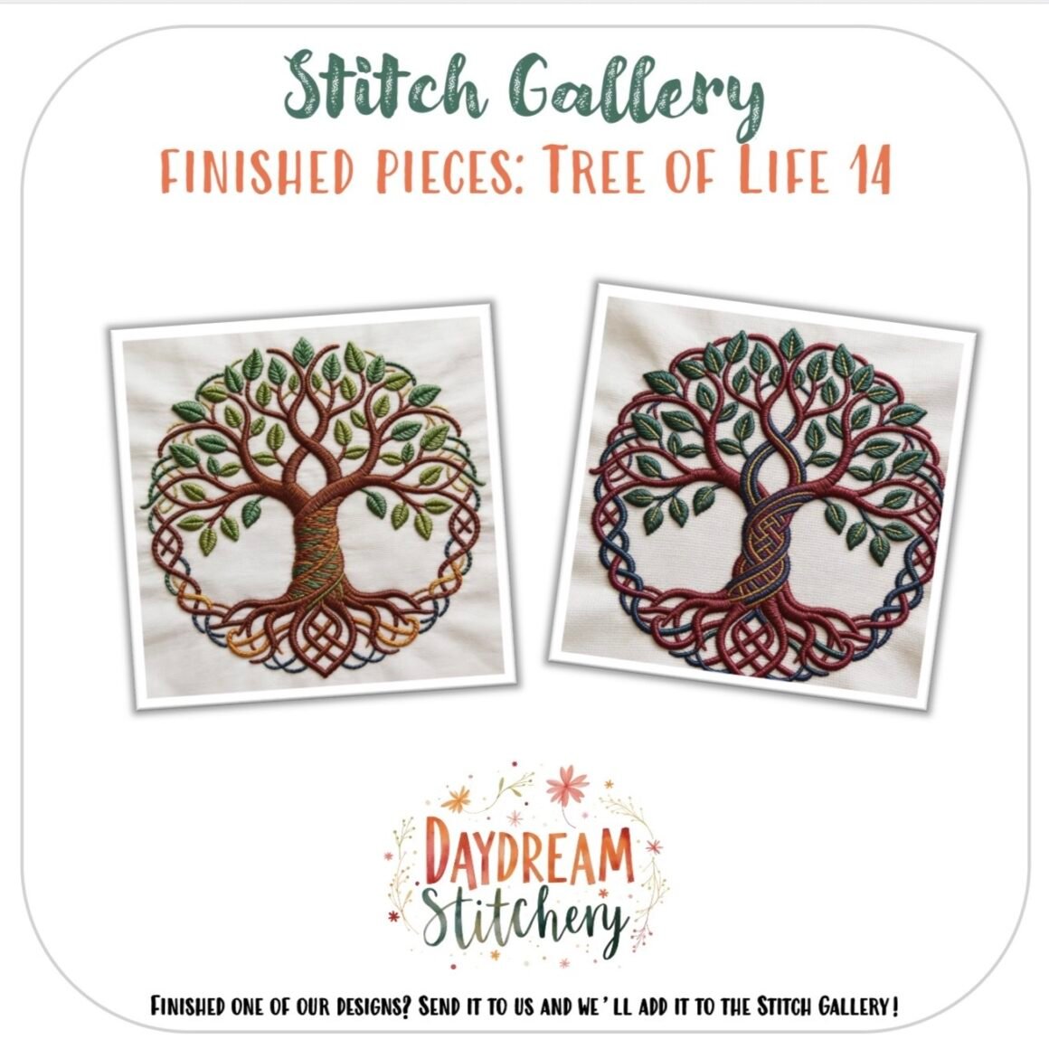 Two Tree of Life 14 hand embroidery patterns, featuring green leaves and intertwined roots, are stitched on white fabric. Text: Stitch Gallery, Finished pieces: Tree of Life 14: Hand embroidery pattern, Daydream Stitchery.