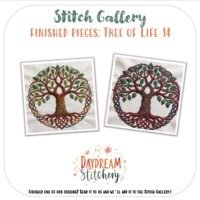 Two Tree of Life 14 hand embroidery patterns, featuring green leaves and intertwined roots, are stitched on white fabric. Text: Stitch Gallery, Finished pieces: Tree of Life 14: Hand embroidery pattern, Daydream Stitchery.