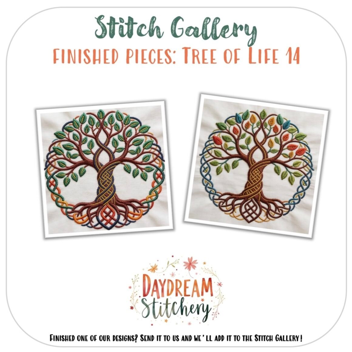 Two embroidered Tree of Life designs with colourful, intertwining roots and branches are shown side by side. Text: Stitch Gallery: Finished Pieces – Tree of Life 14: Hand embroidery pattern by Daydream Stitchery.