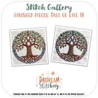 Two embroidered Tree of Life designs in green, brown, and blue thread are shown side by side. Above, the text reads Stitch Gallery: Finished pieces—Tree of Life 14: Hand embroidery pattern.