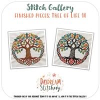 Two Tree of Life 14: Hand embroidery patterns with colourful leaves are shown side by side. Above is the text, "Stitch Gallery: Finished Pieces: Tree of Life 14." Below appears the Daydream Stitchery logo and an invitation to stitch.