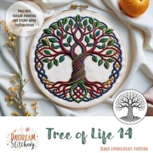 The Tree of Life 14: Hand embroidery pattern displays colourful, intertwined roots and branches in a wooden hoop. A small black-and-white sample appears with the text "Tree of Life 14, Hand Embroidery Pattern.