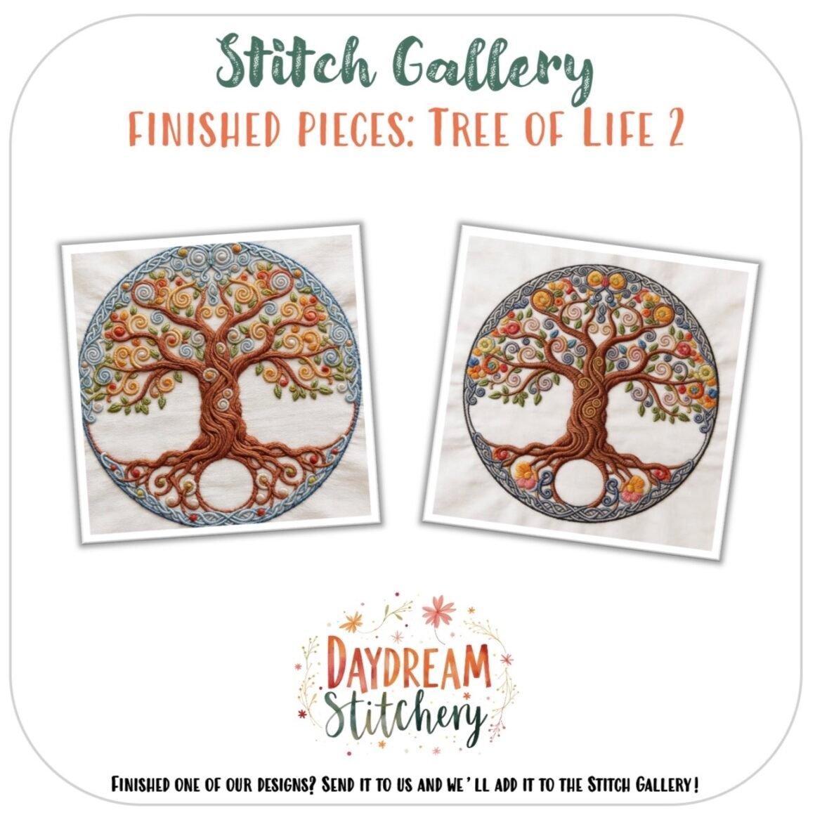 Two embroidered Tree of Life 2 designs are shown side by side with swirling branches and vibrant leaves in circular frames. Text: “Stitch Gallery Finished Pieces: Tree of Life 2 Hand Embroidery Pattern” and “Daydream Stitchery.”.