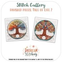 Two Tree of Life 2: Hand embroidery patterns are shown side by side—one in rainbow colours, the other in earthy tones. Above them is the text: Stitch Gallery: Finished Pieces: Tree of Life 2.