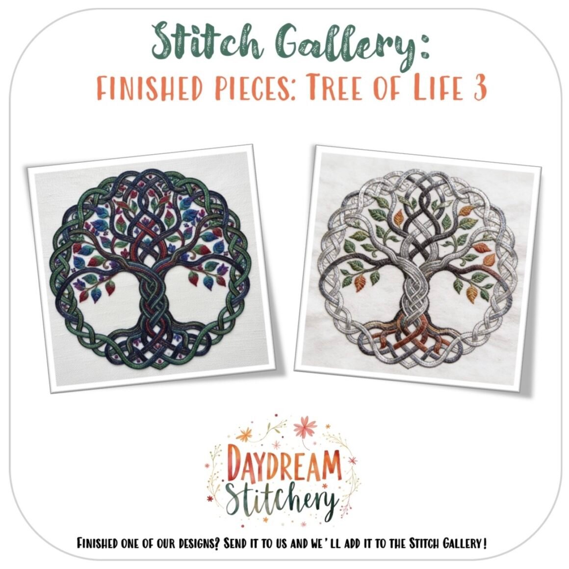 Two Tree of Life 3 hand embroidery patterns with intricate roots and branches: one in deep greens and blues, the other in neutral greys and browns. Both displayed side by side above the Daydream Stitchery logo.