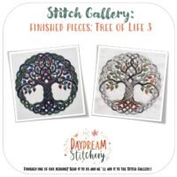Two Tree of Life 3 hand embroidery patterns with intricate roots and branches: one in deep greens and blues, the other in neutral greys and browns. Both displayed side by side above the Daydream Stitchery logo.
