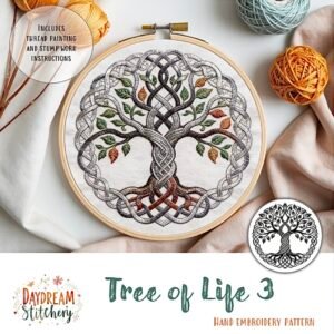 A hand embroidery hoop features the “Tree of Life 1: Hand Embroidery Pattern” with intertwining branches, colourful leaves, and Celtic-inspired motifs. Text on the design reads “Tree of Life 1, Hand Embroidery Pattern, Daydream Stitchery.”.