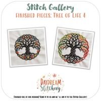 Two Tree of Life 4: Hand embroidery pattern designs with colourful, interwoven roots and branches are displayed side by side on white fabric. The text reads: Stitch Gallery: Finished Pieces: Tree of Life 4. Daydream Stitchery.