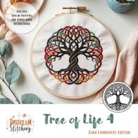 An embroidery hoop displays a vibrant Tree of Life 4: Hand embroidery pattern, surrounded by thread reels, scissors, and leaves. Text shows Tree of Life 4 and DAYDREAM Stitchery Hand Embroidery Pattern.