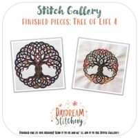 Two square embroidered artworks of a colourful Celtic knot-style tree are shown side by side with “Stitch Gallery: Finished pieces: Tree of Life 4” above. Features the “Tree of Life 4: Hand embroidery pattern.” Daydream Stitchery logo appears below.
