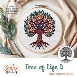 The Tree of Life 5: Hand Embroidery Pattern features a colourful tree of life design in a wooden hoop, surrounded by green leaves and a sage bundle. The Daydream Stitchery logo and the text “Tree of Life 5” appear on the image.
