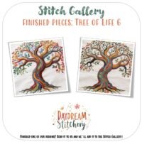 Two vibrant "Tree of Life 6: Hand embroidery pattern" designs are shown side by side, with swirling branches, multicoloured leaves, and detailed roots. Above is the Stitch Gallery heading; the Daydream Stitchery logo appears below.