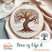 Tree of Life 6: Hand embroidery pattern from Daydream Stitchery features a colourful, stylised tree with swirling branches, multicoloured leaves, and visible roots—showcasing the iconic Tree of Life design.