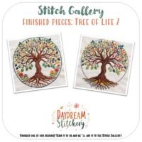 Two embroidered circular tree designs with roots and branches appear side by side on white fabric, highlighting the Tree of Life 7: Hand embroidery pattern. Text reads “Stitch Gallery, Finished Pieces: Tree of Life 7, Daydream Stitchery.”.