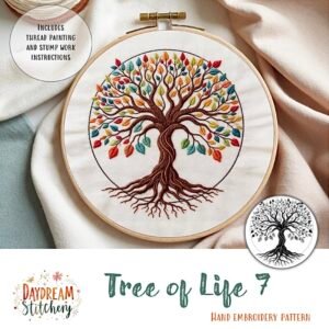 The Tree of Life 7: Hand embroidery pattern features a hoop design with intricate roots, a brown trunk, and colourful leaves, plus instructions for thread painting and stumpwork.