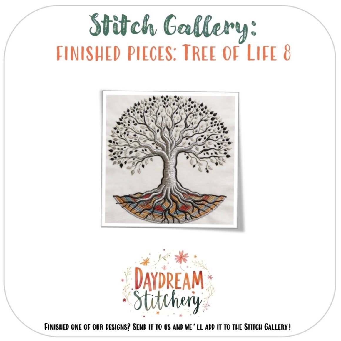 This piece features a stylised Tree of Life with swirling branches and roots, using the "Tree of Life 8: Hand embroidery pattern" by Daydream Stitchery. See it in the Stitch Gallery: Finished Pieces: Tree of Life 8.