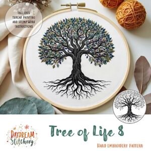 A detailed embroidered Tree of Life 10 hand embroidery pattern with colourful leaves and exposed roots is displayed in a hoop, surrounded by decorative thread balls and leaves. Text reads: Tree of Life 10 Hand Embroidery Pattern.