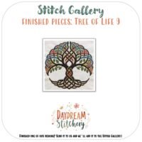 A colourful embroidered Celtic tree of life hand embroidery pattern is centred on a white background, with the text Stitch Gallery: Finished Pieces: Tree of Life 8 above and Daydream Stitchery below.