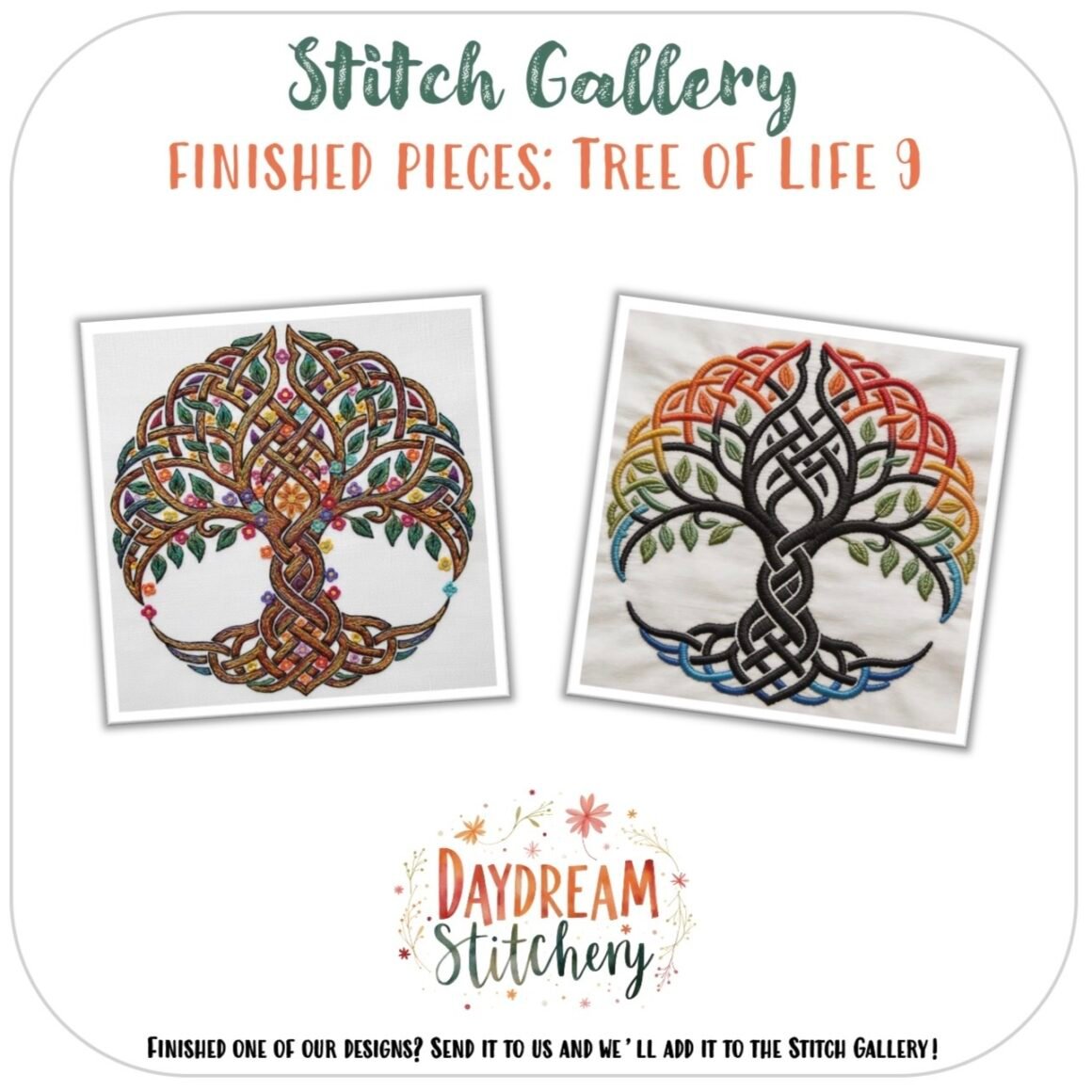 Two embroidered designs from the Tree of Life 8: Hand embroidery pattern—one in warm colours, one in cool—are shown side by side. Text reads: Stitch Gallery, Finished Pieces: Tree of Life 8. Daydream Stitchery.