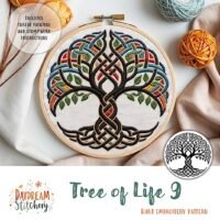 A vibrant Celtic-style Tree of Life 9: Hand embroidery pattern is showcased in a hoop, with threads and scissors nearby. The image includes the text "Tree of Life 9: Hand embroidery pattern" and displays the Daydream Stitchery logo.