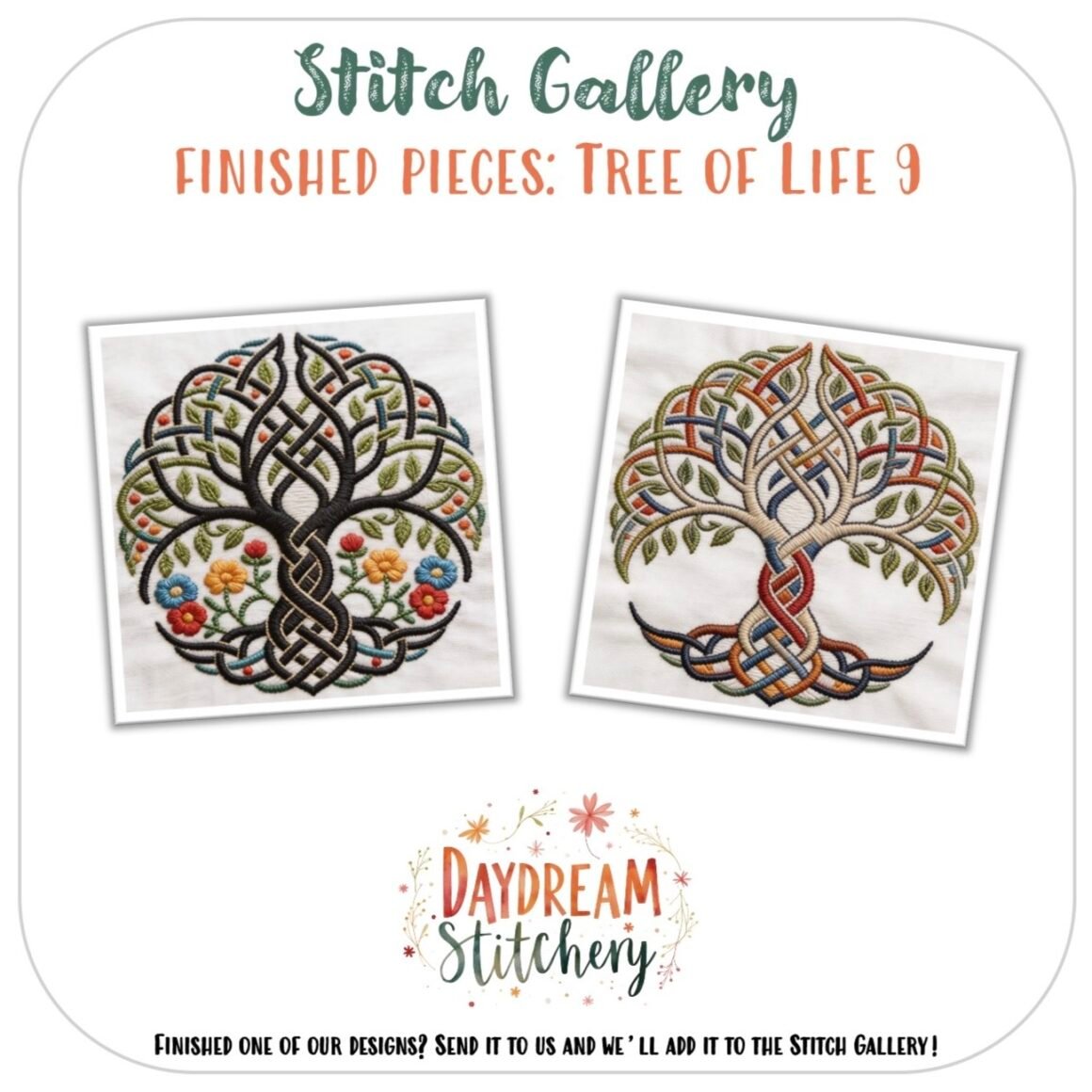 Two intricately embroidered Tree of Life hand embroidery patterns with vibrant, swirling roots and branches are displayed side by side. The text reads “Stitch Gallery: Finished Pieces, Tree of Life 8” and “Daydream Stitchery.”.