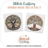 Two intricately embroidered Tree of Life hand embroidery patterns with vibrant, swirling roots and branches are displayed side by side. The text reads “Stitch Gallery: Finished Pieces, Tree of Life 8” and “Daydream Stitchery.”.