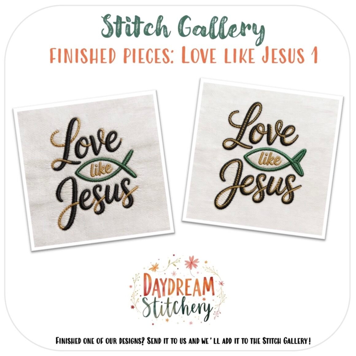 Five hand embroidery patterns titled ‘Love like Jesus’ each feature decorative script and a green fish encircling “like.” The image is labelled Stitch Gallery and Daydream Stitchery.