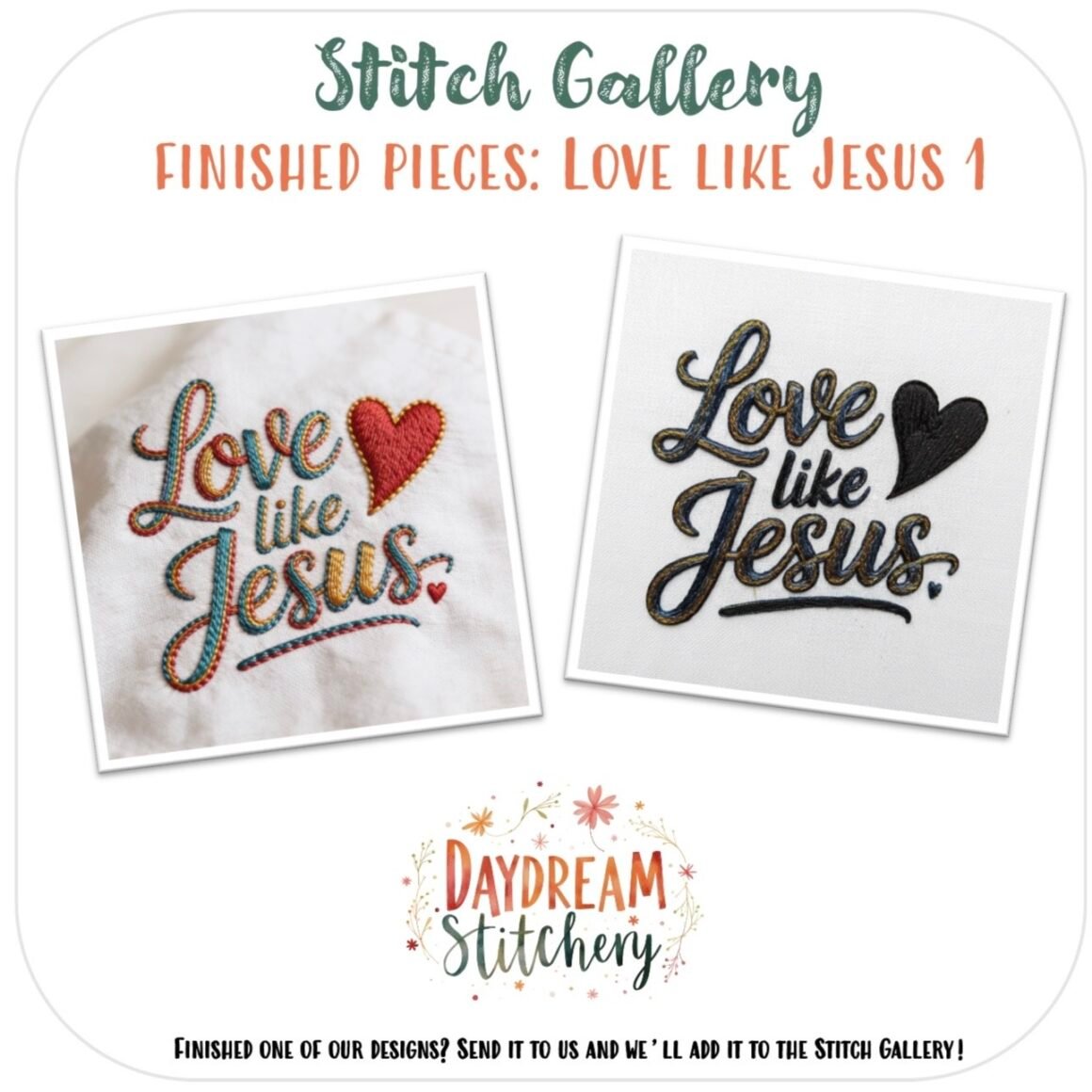 The Stitch Gallery from Daydream Stitchery features 'Love like Jesus' 1: a collection of five hand embroidery patterns.