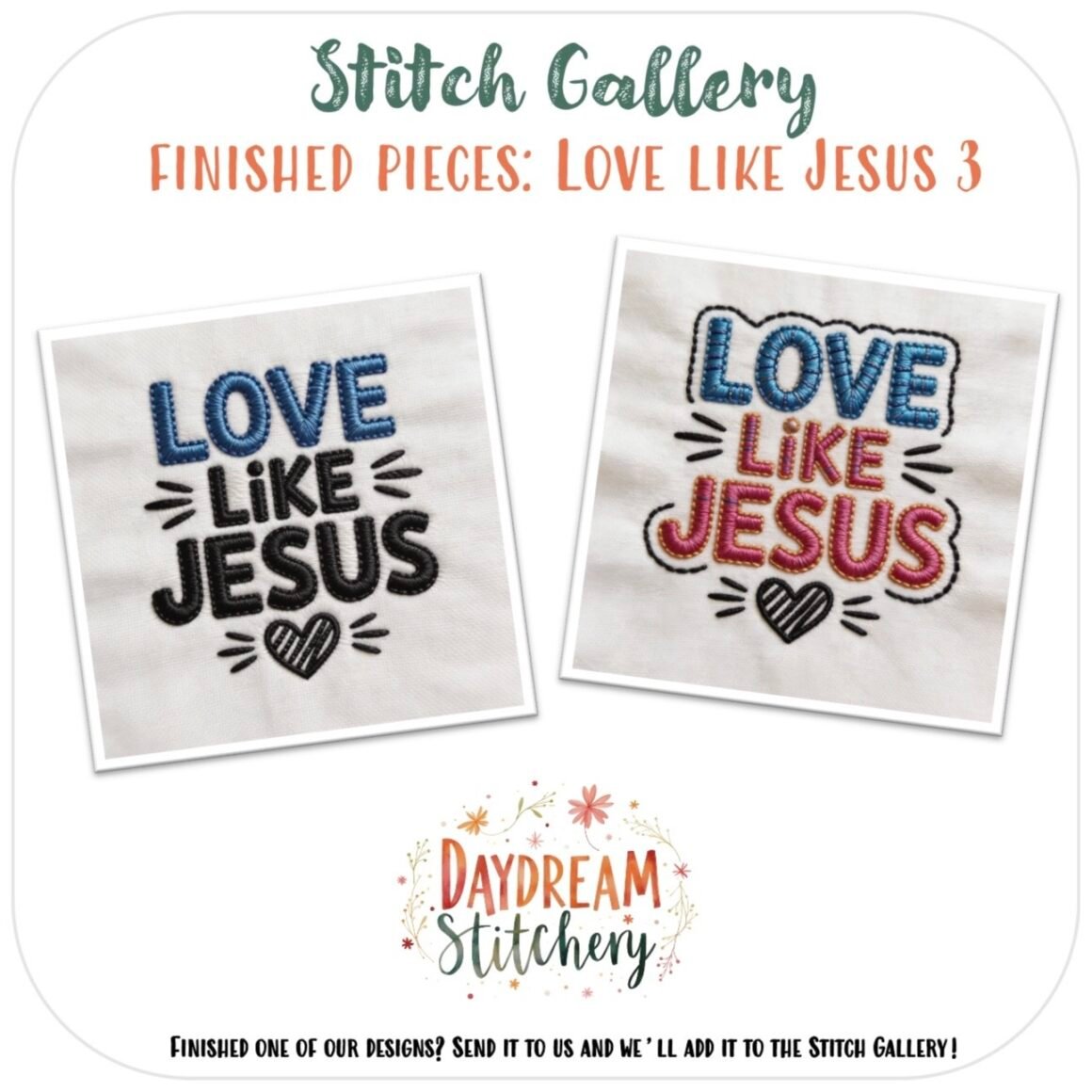 The ‘Love like Jesus’: Five hand embroidery patterns each feature bold lettering, a heart motif, and Daydream Stitchery underneath, using blue, black, and pink or red thread for unique fabric squares.