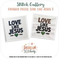 The ‘Love like Jesus’: Five hand embroidery patterns set includes designs such as a green heart wrapped in vines and a simple green heart below bold text. Also shown: Stitch Gallery and Daydream Stitchery.