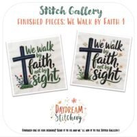 Five hand embroidery patterns titled "Let all that you do," featuring decorative lettering and inspirational phrases, are presented under Stitch Gallery and Daydream Stitchery branding.